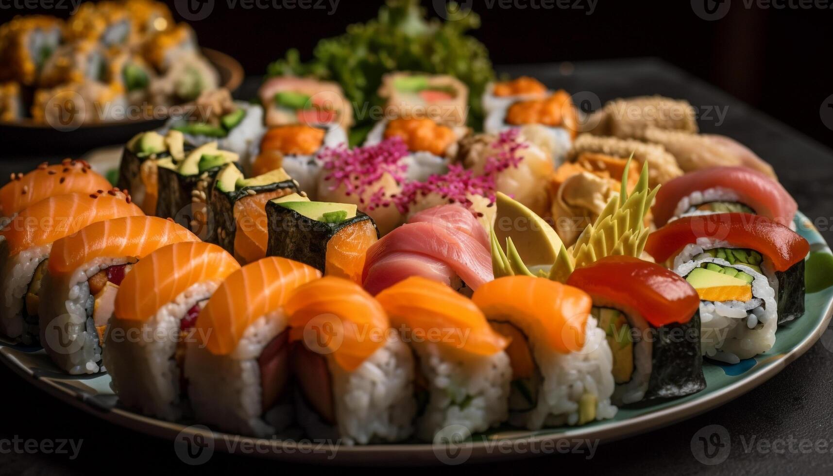 Healthy sashimi lunch plate with fresh seafood generated by AI photo