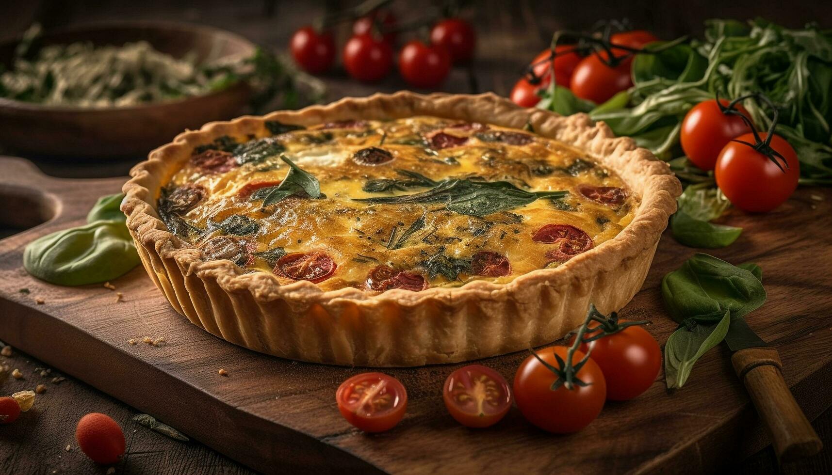 Fresh homemade quiche on rustic wooden table generated by AI photo