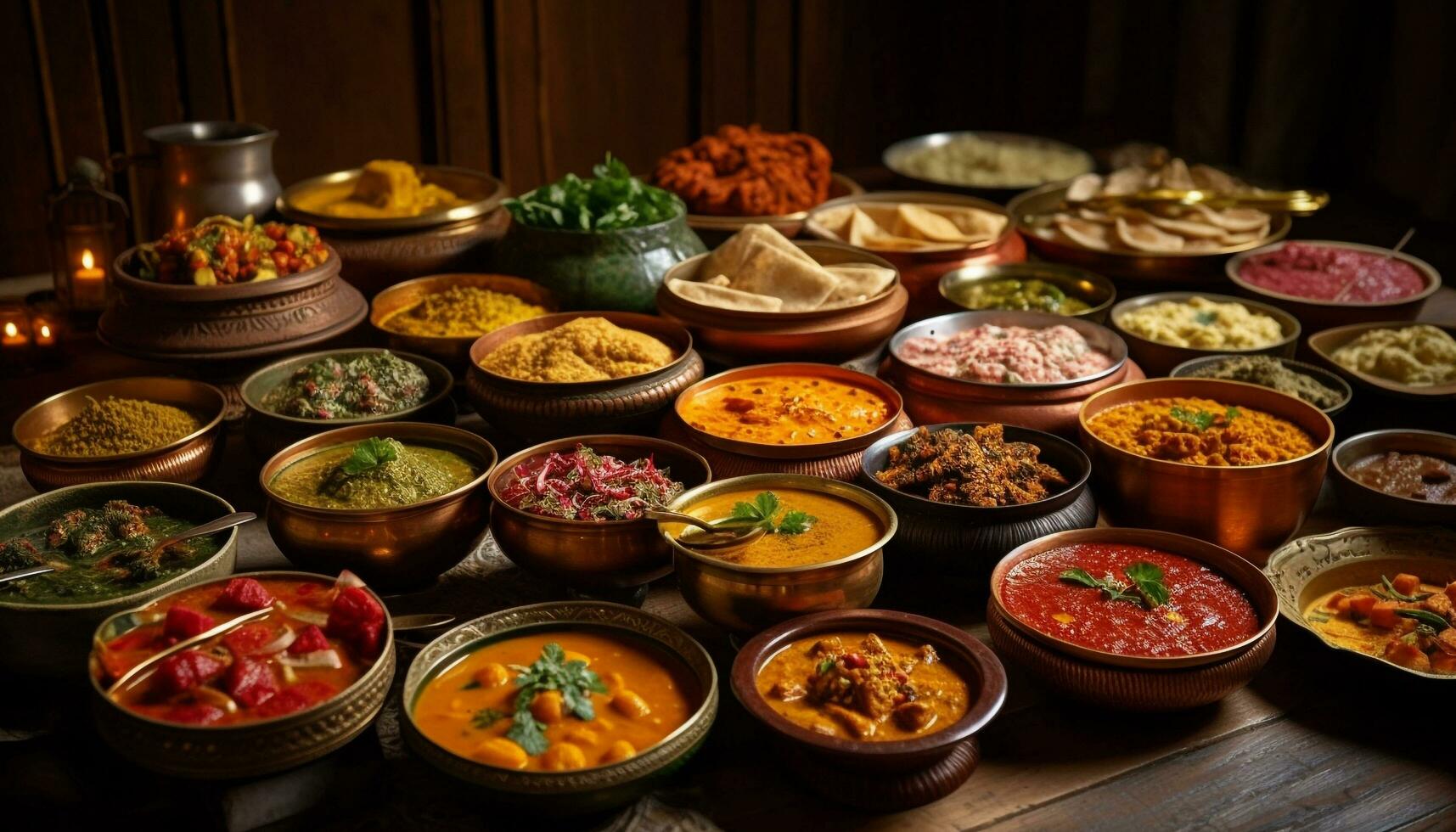 Vibrant spices adorn homemade Indian curry bowls generated by AI photo