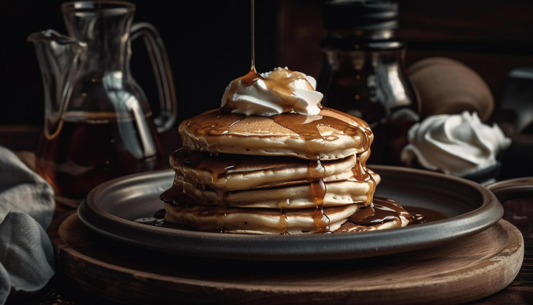 Fresh homemade pancakes stack on rustic wood plate generated by AI photo