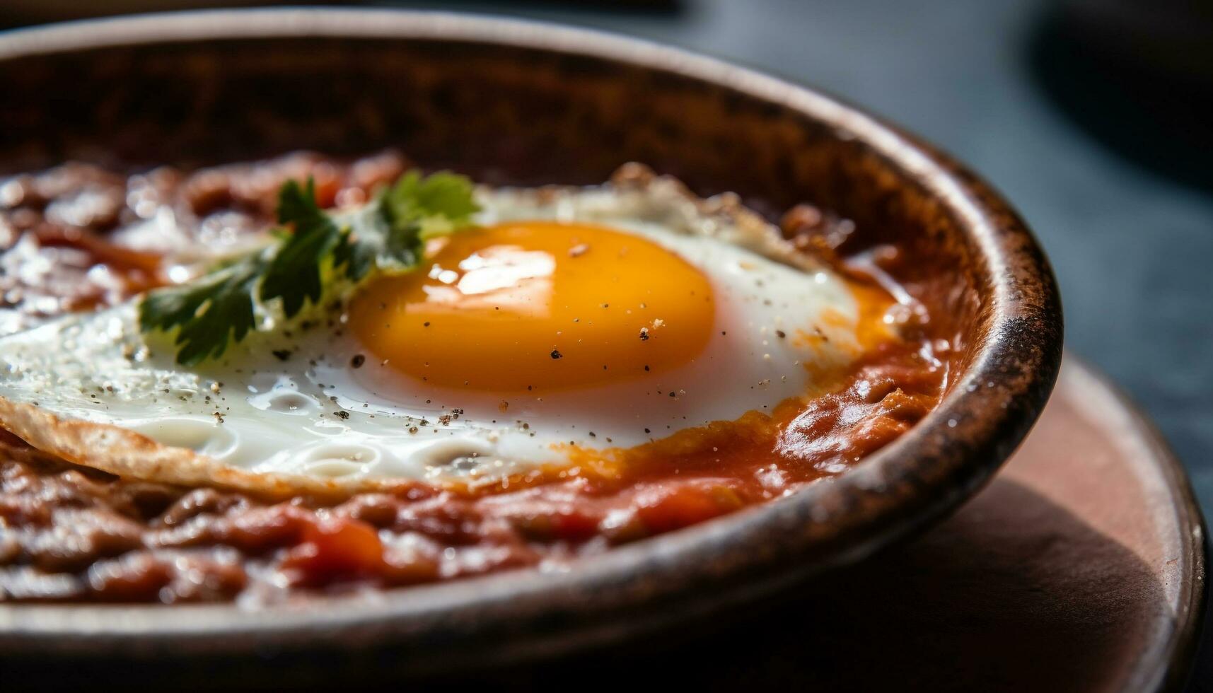 Fresh fried egg on rustic wood plate generated by AI photo