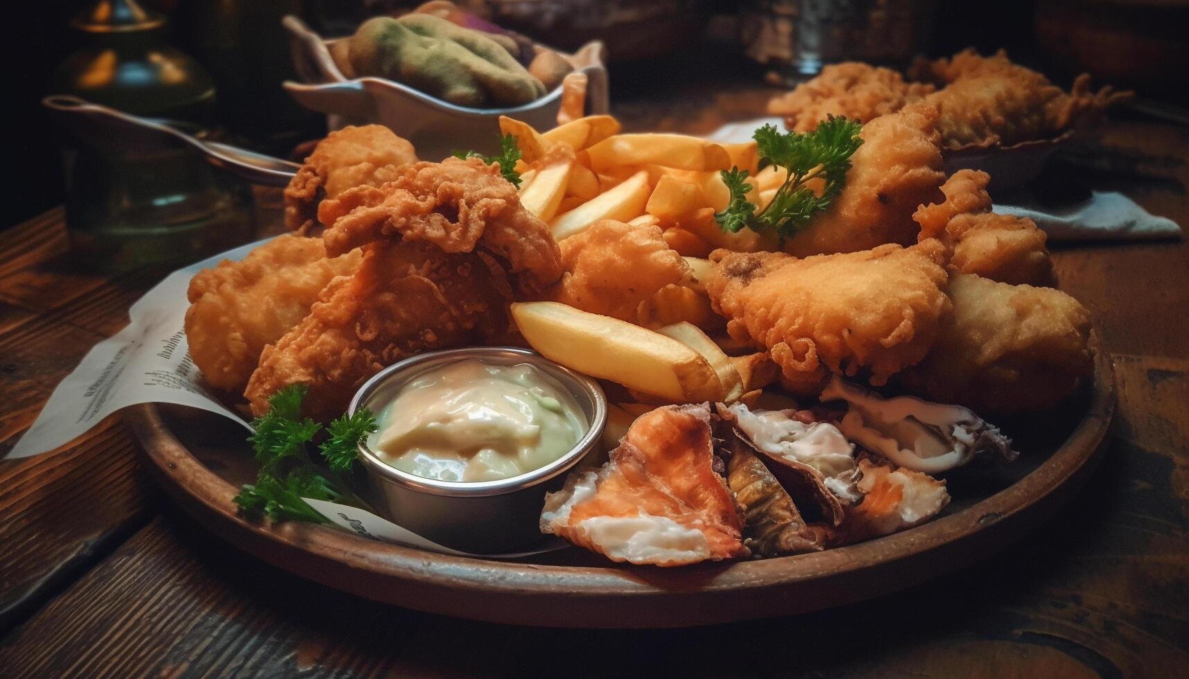 Deep fried pork, grilled chicken, fresh veggies Gourmet meal generated by AI photo