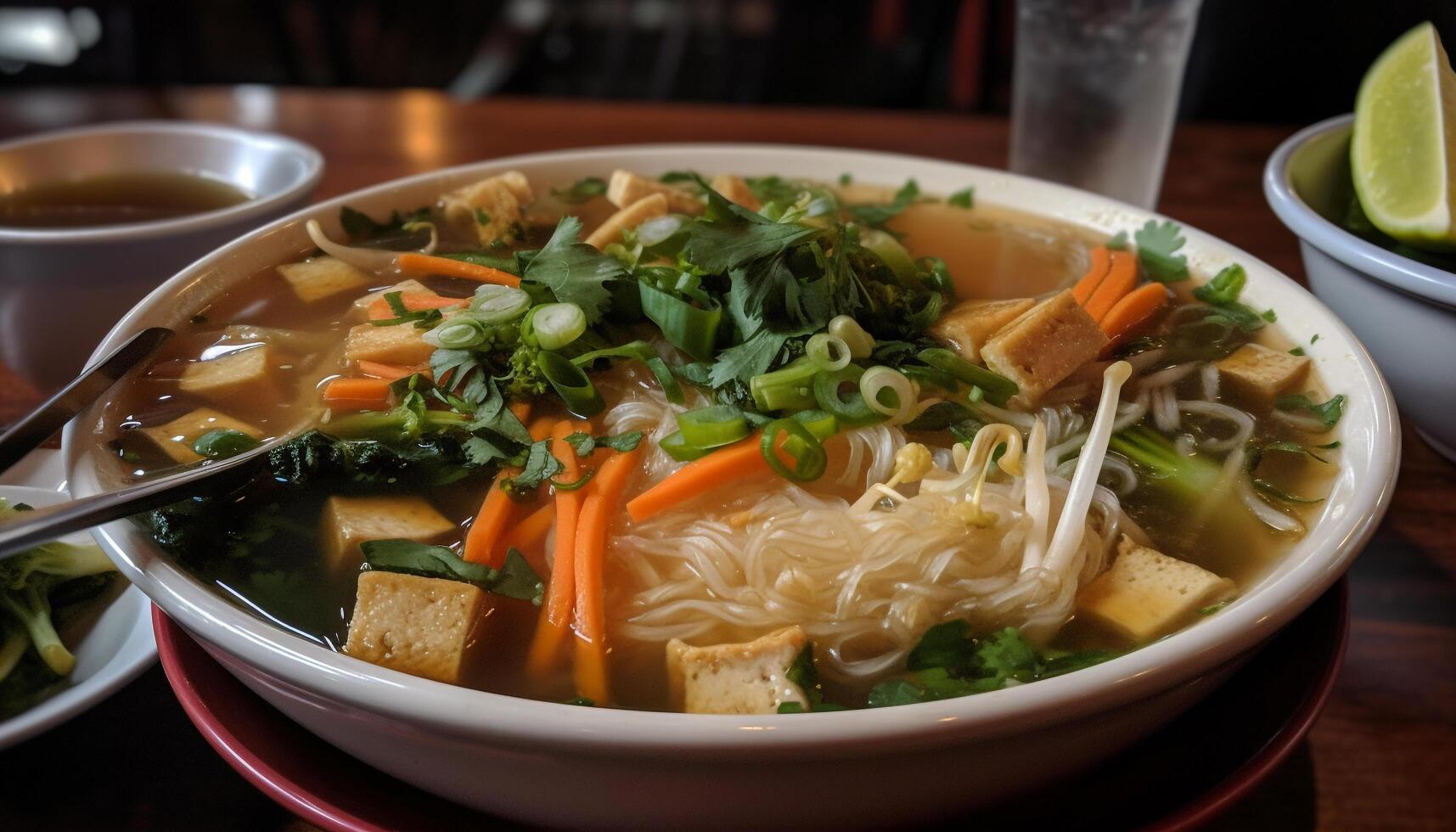 Healthy meal of seafood noodle soup garnished with cilantro generated by AI photo