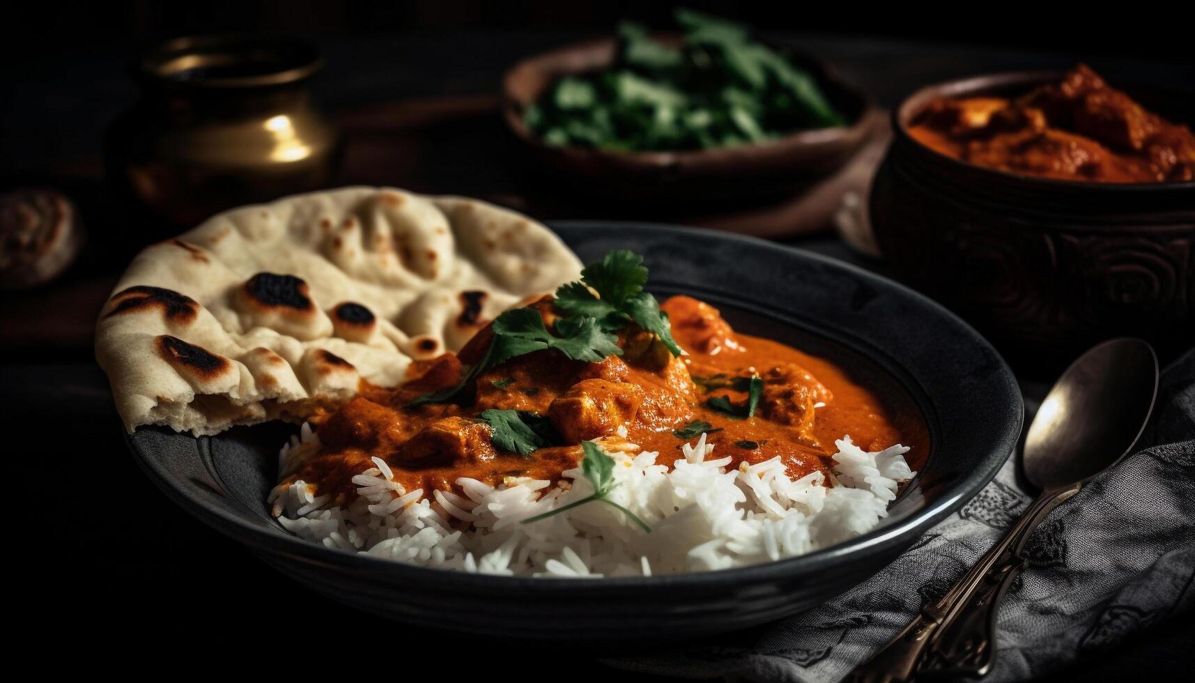 Spicy Indian meal on rustic crockery plate generated by AI photo
