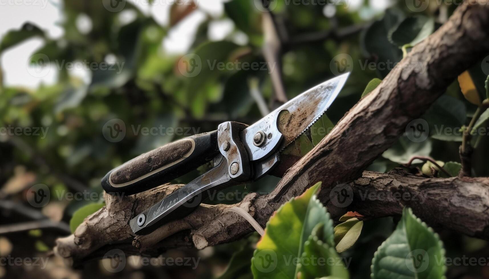 Sharp pruning shears cut green plant branch generated by AI photo