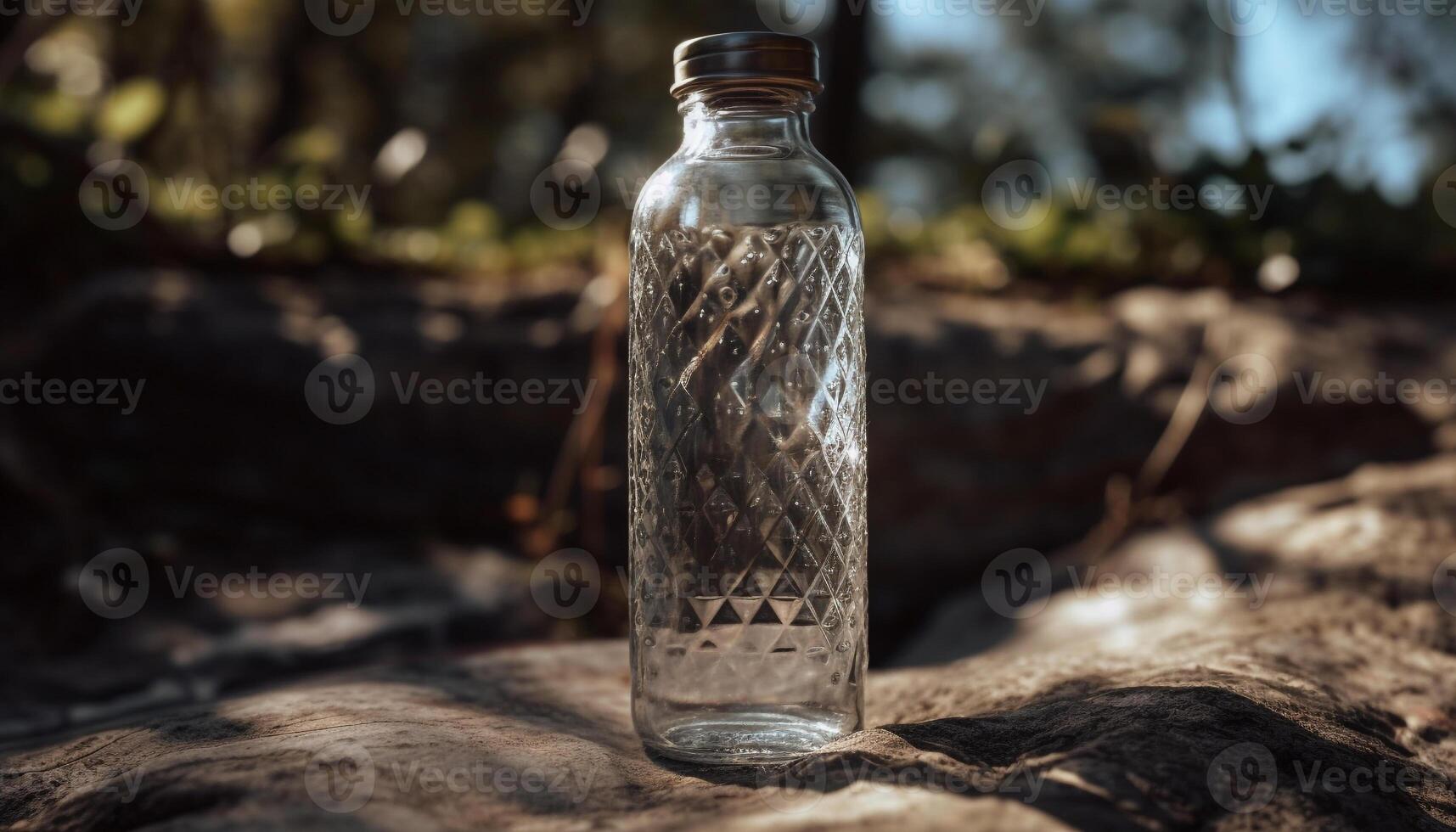 Transparent plastic water bottle reflects organic forest adventure generated by AI photo