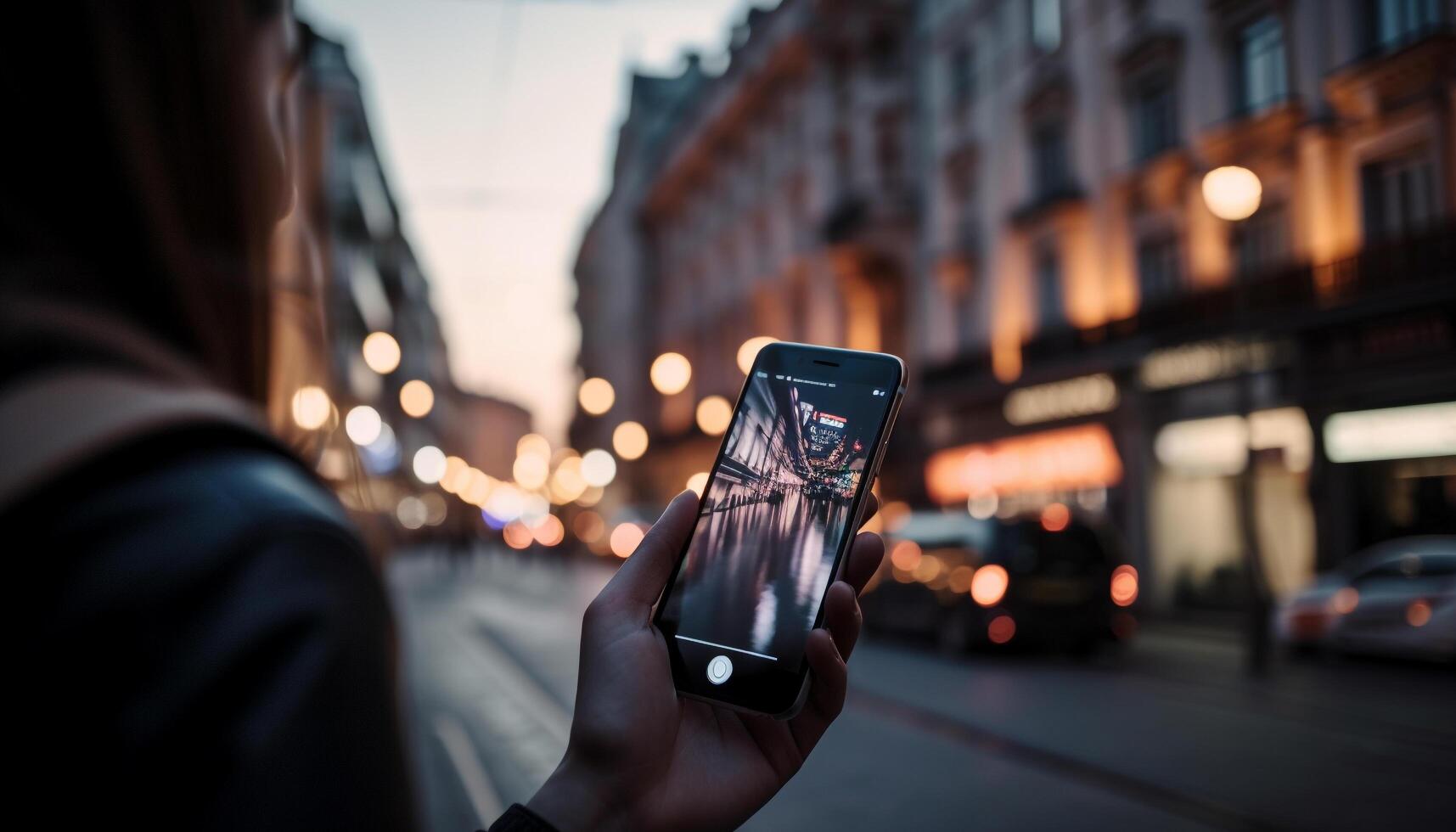 Young adults texting in city, holding smartphones generated by AI photo