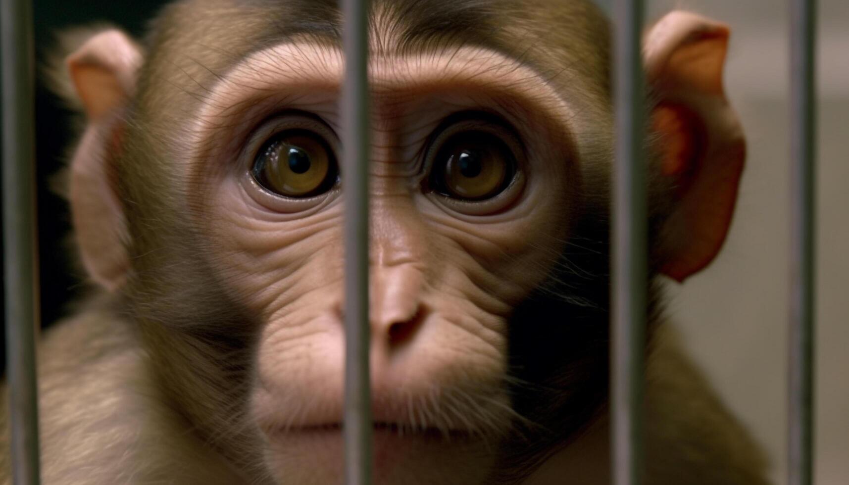 Sad orangutan staring out cage in prison generated by AI photo