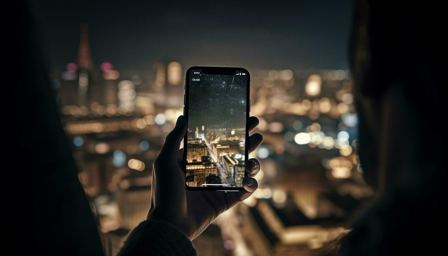 Handheld device captures stunning city skyline at night generated by AI photo