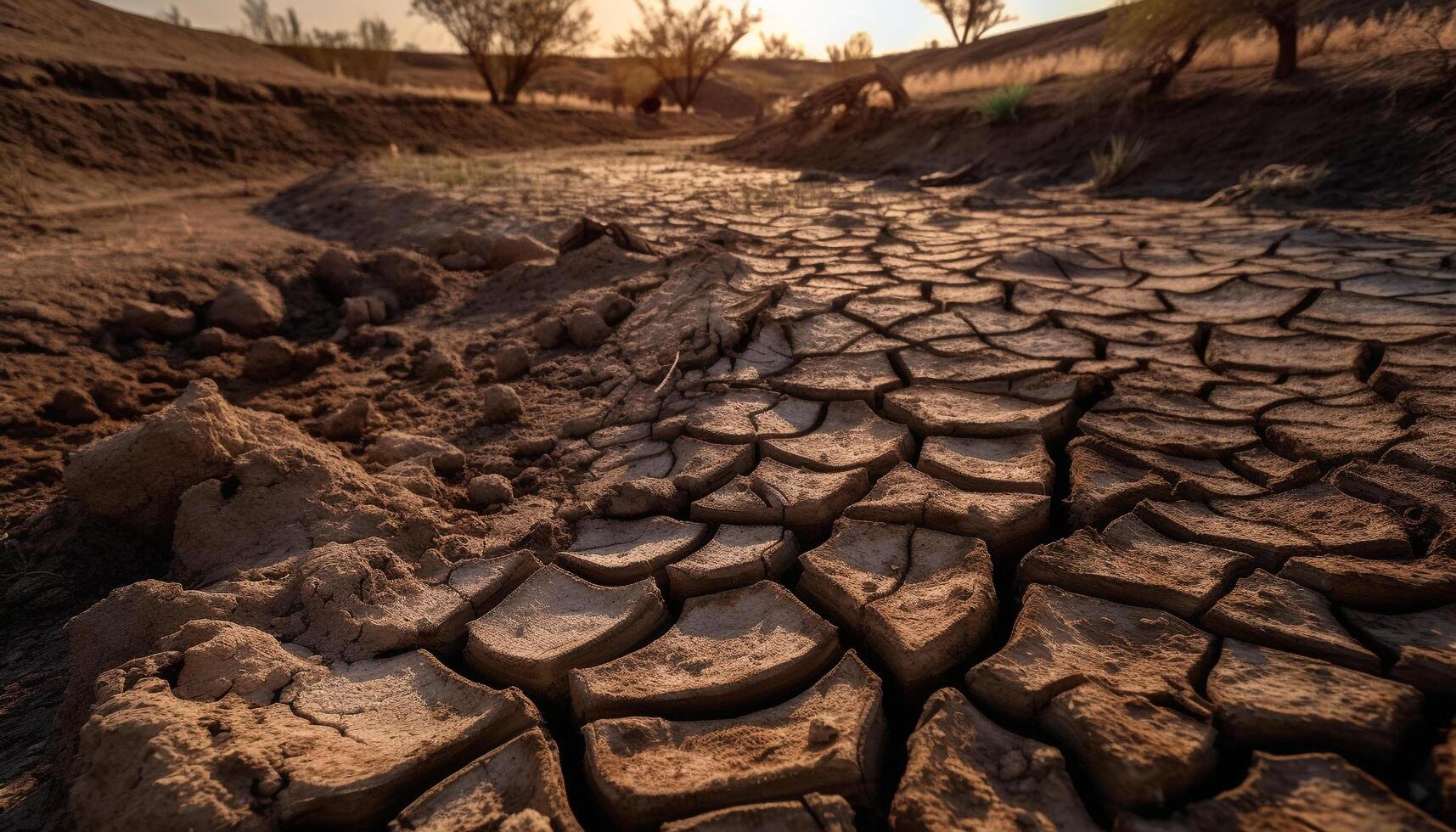 Dry dirt, eroded clay, ruined landscape, extreme terrain generated by AI photo