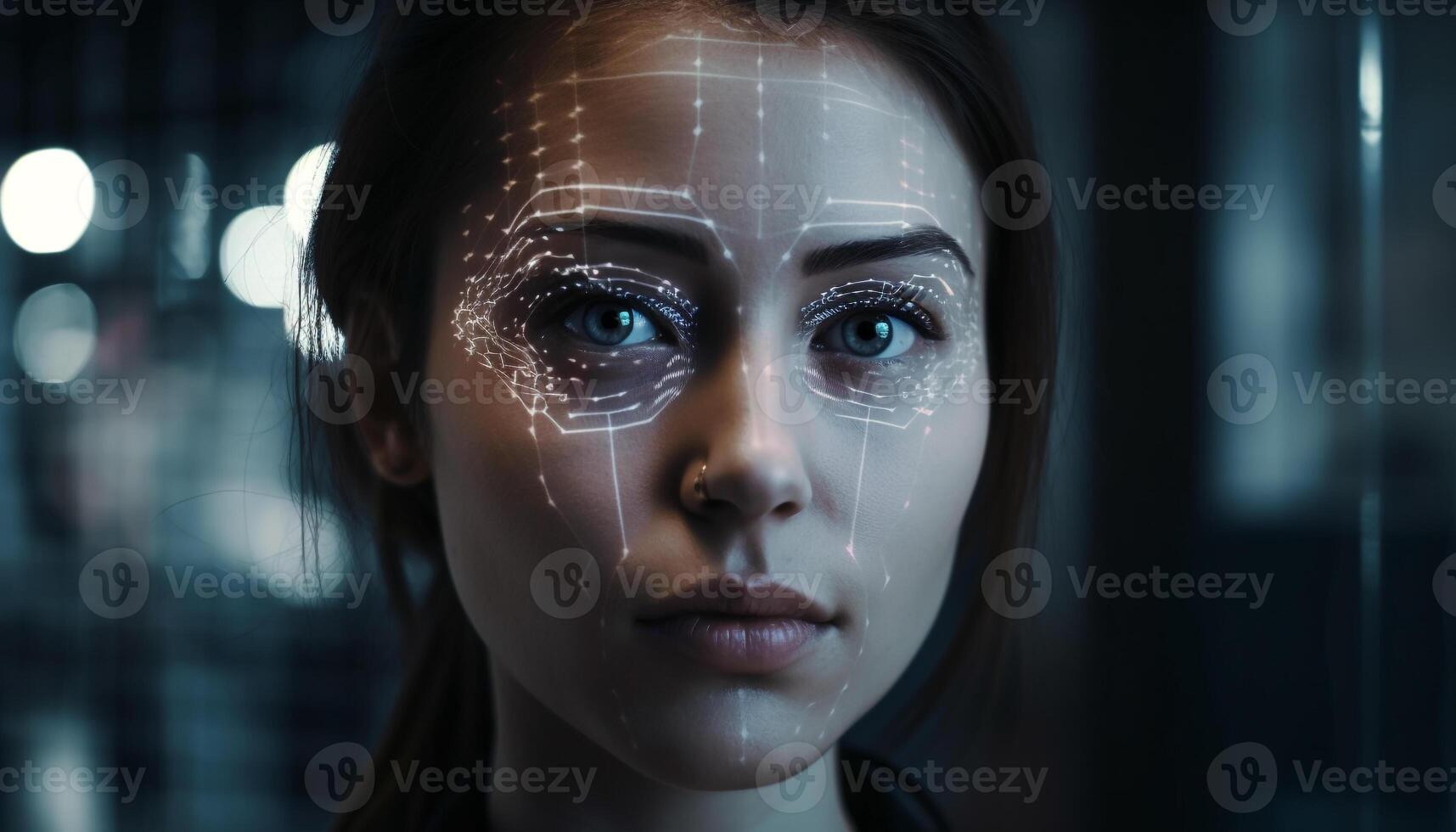 Young adult woman futuristic portrait shines sensuality generated by AI photo