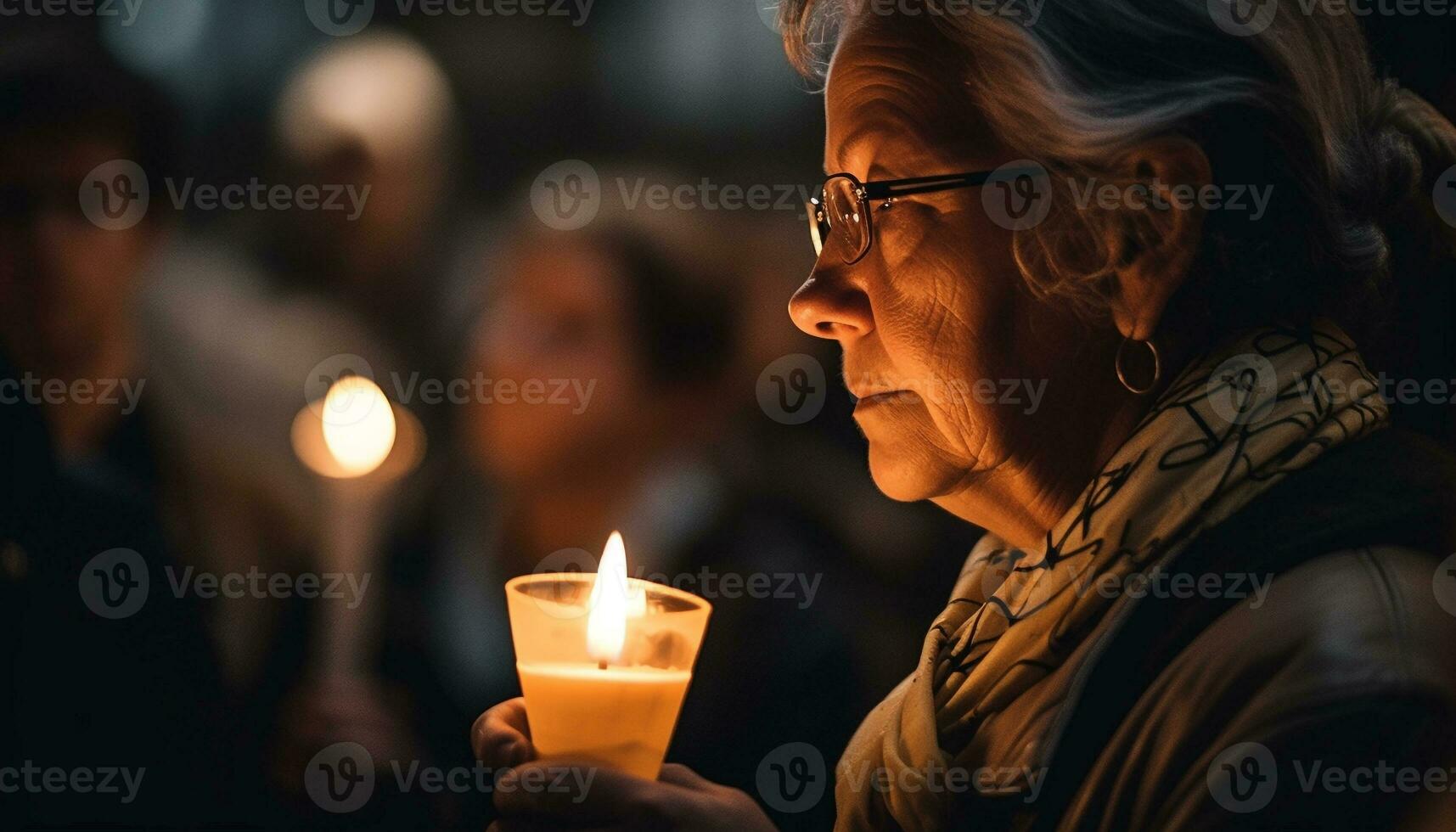 Orando adulto participación vela, iluminado por fuego generado por ai foto