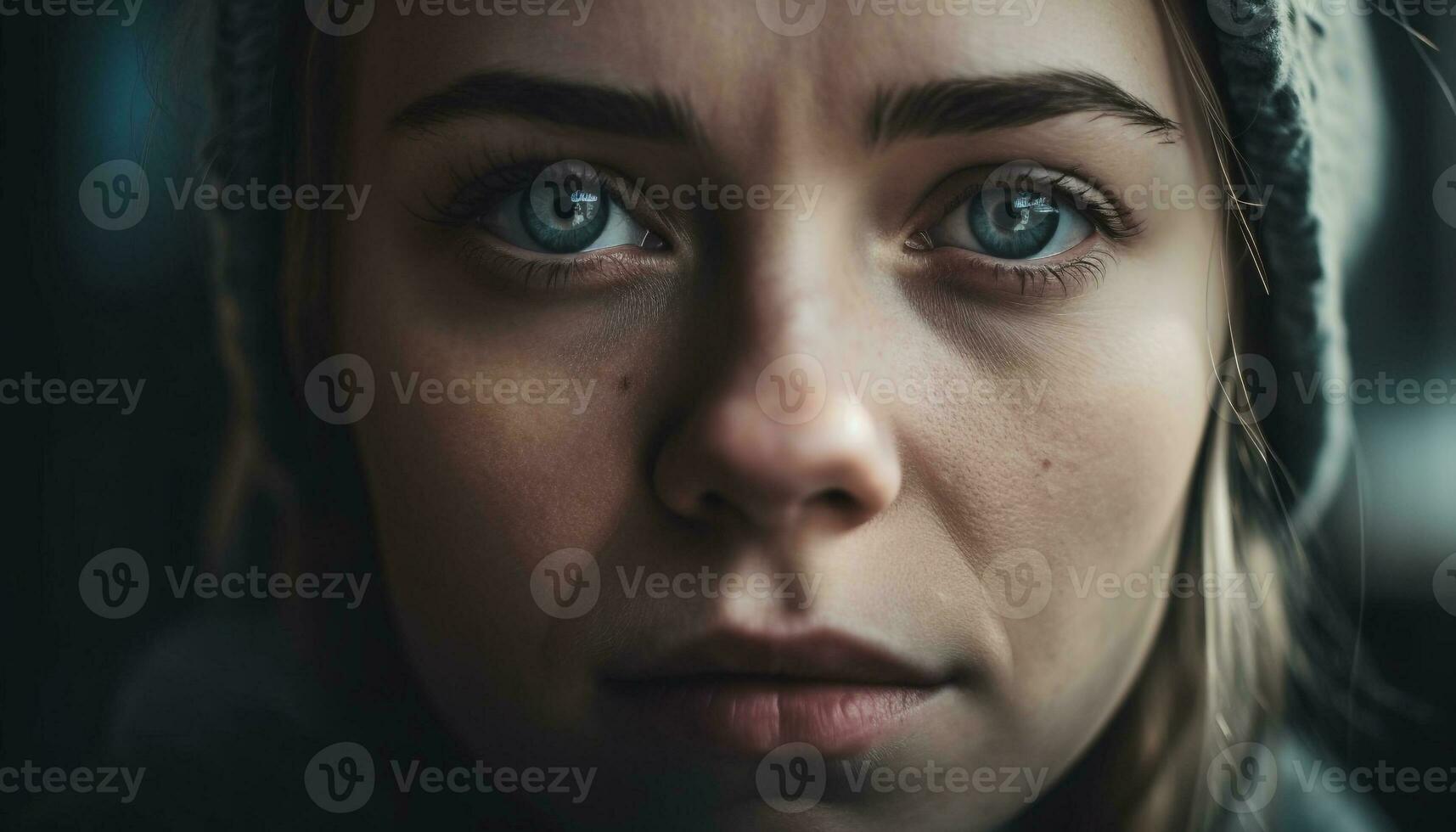 Beautiful woman staring, sadness in human eyes generated by AI photo