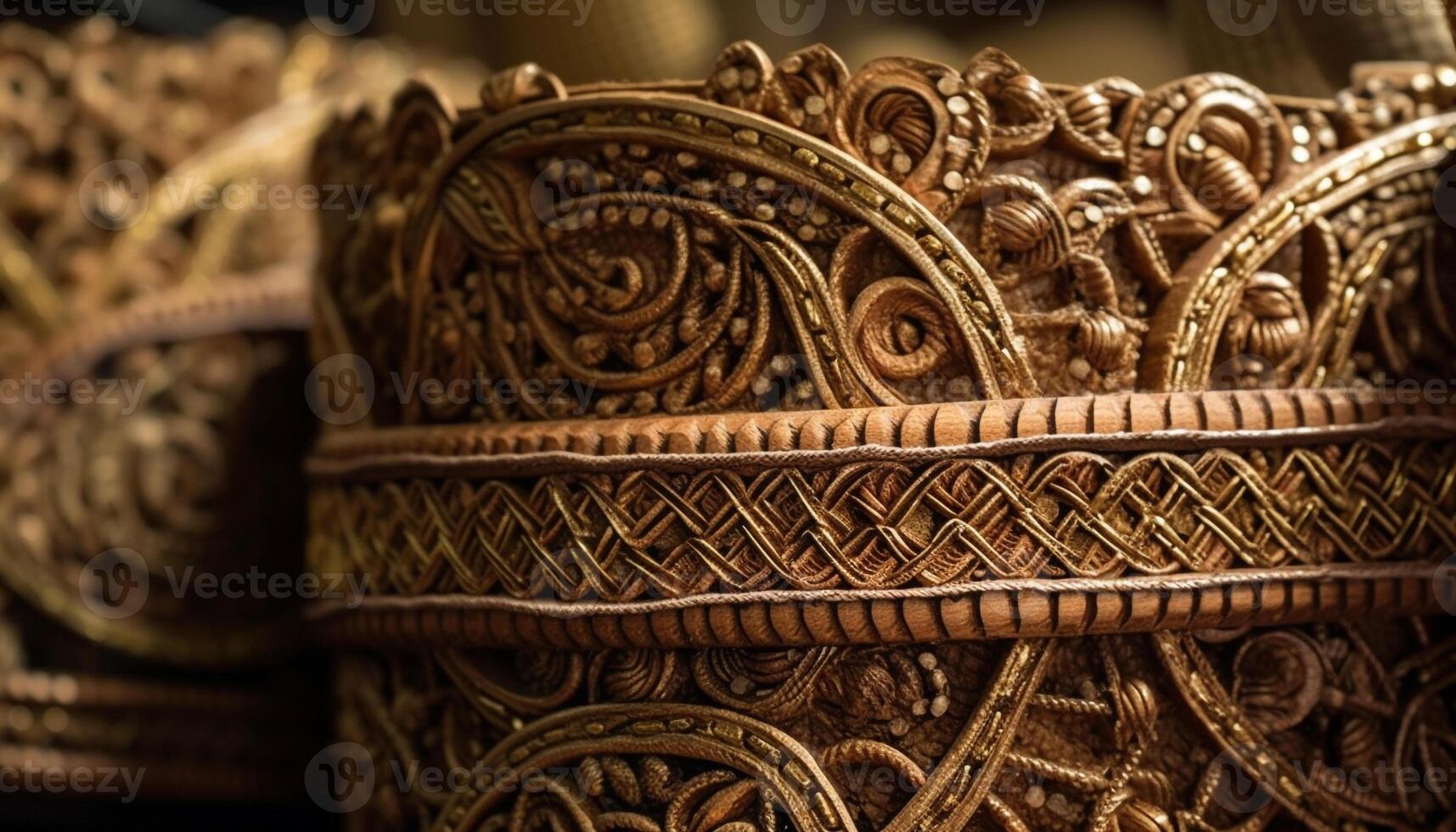 Ancient woven basket, intricate gold metal pattern generated by AI photo