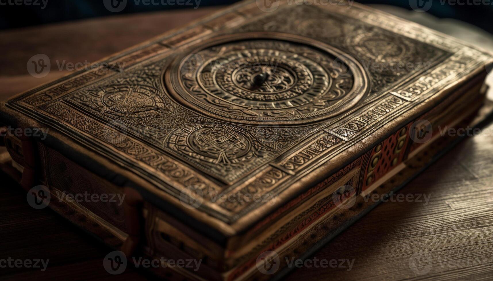 Antique wooden Bible, symbol of spirituality and wisdom generated by AI photo