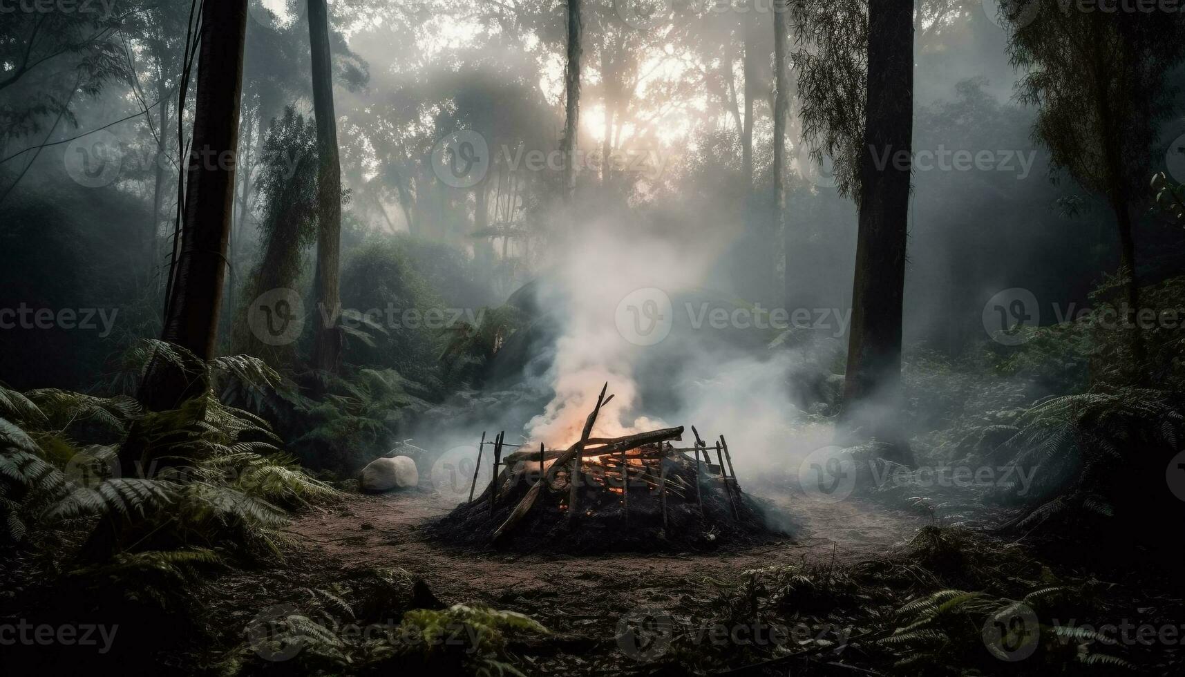 Burning forest fire creates spooky, mysterious landscape generated by AI photo