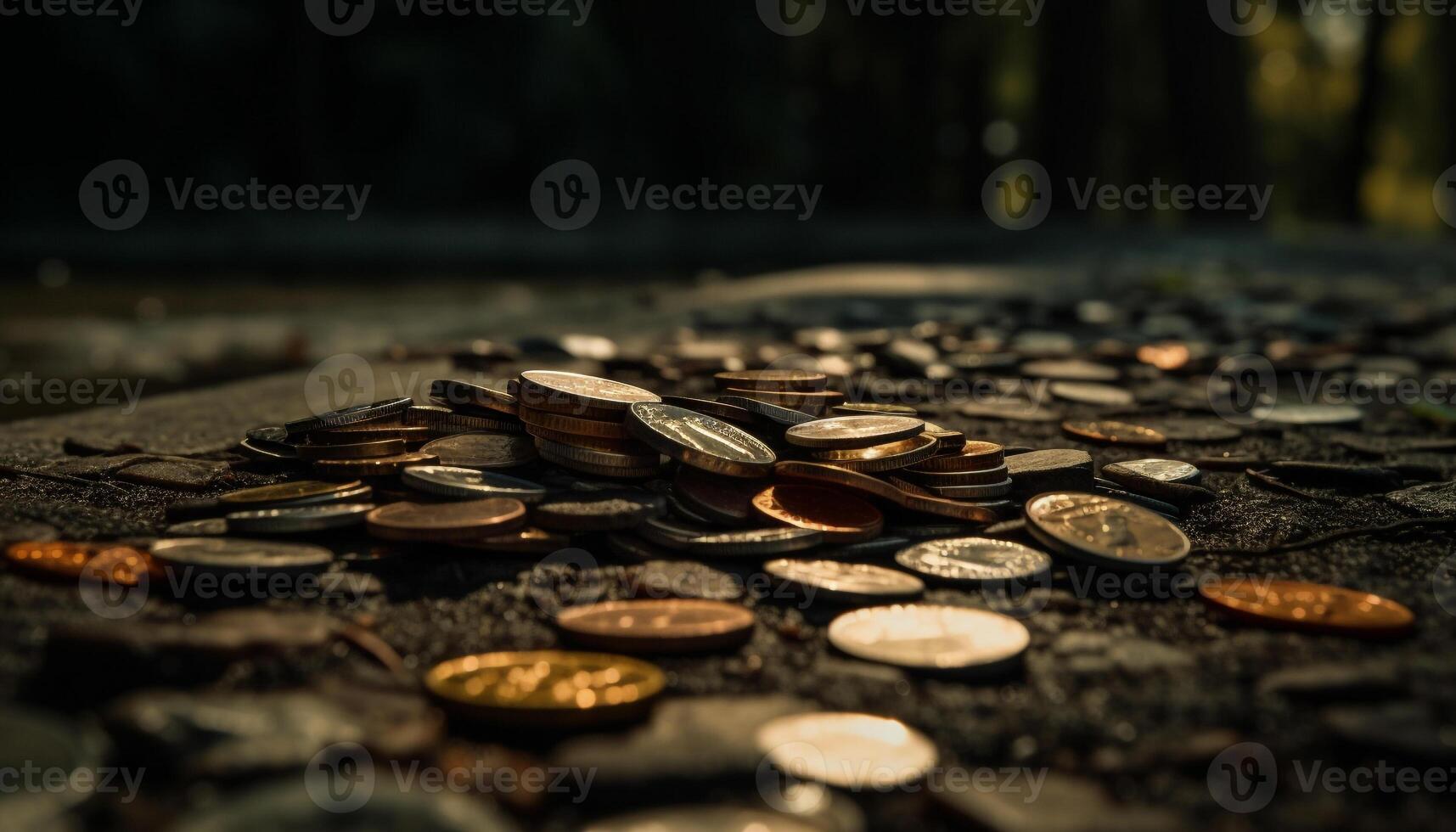 Shiny yellow coins stack on old wooden table generated by AI photo