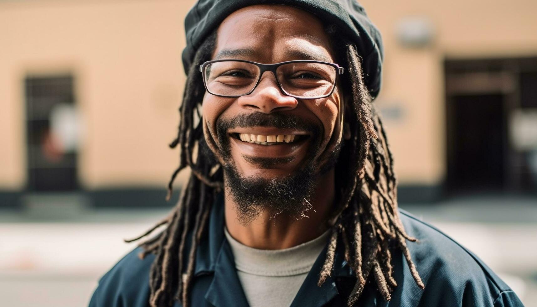 African American man flashing funky toothy grin outdoors generated by AI photo