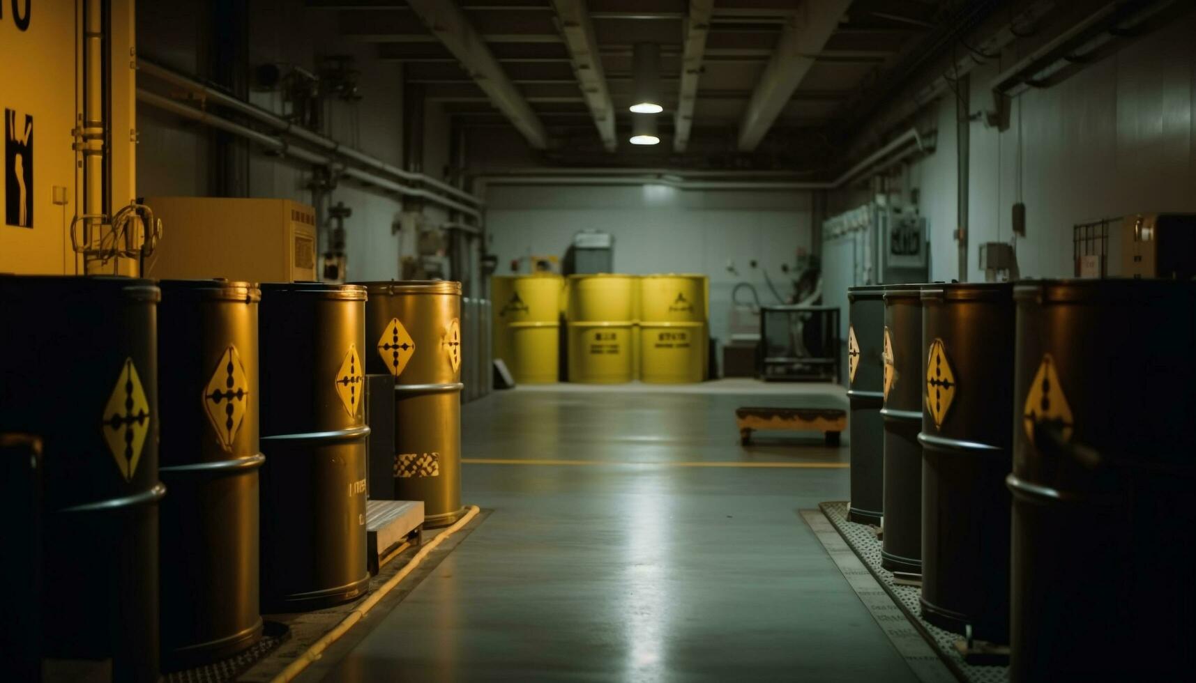 Row of wood kegs in old winery cellar generated by AI photo