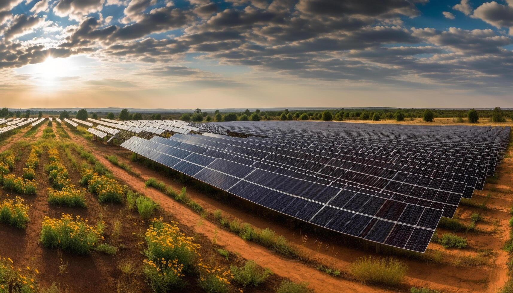 Sunset sky farm generates clean solar energy generated by AI photo