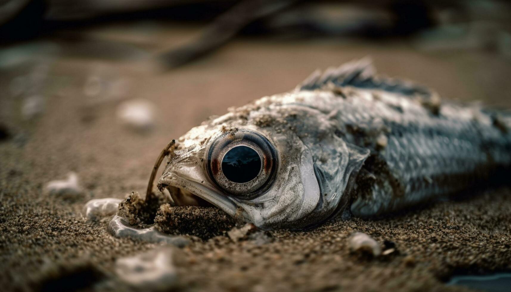 Slimy fish head in blue underwater mud generated by AI photo