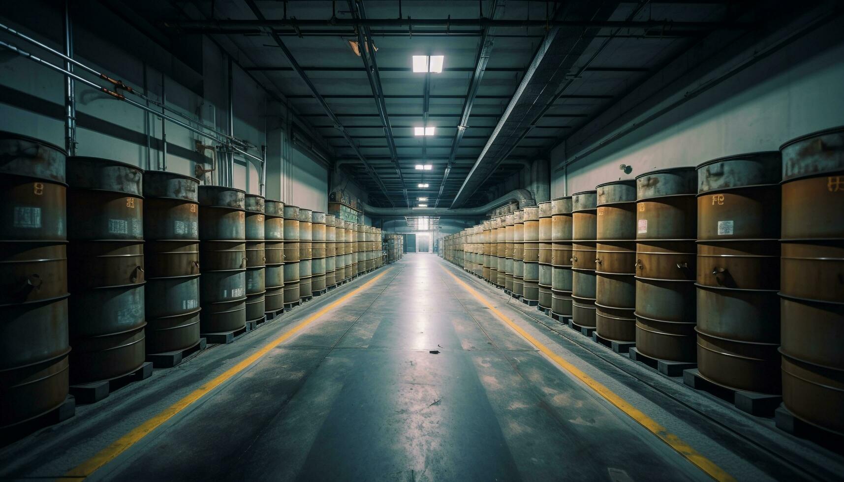 Row of barrels in winery, diminishing perspective generated by AI photo
