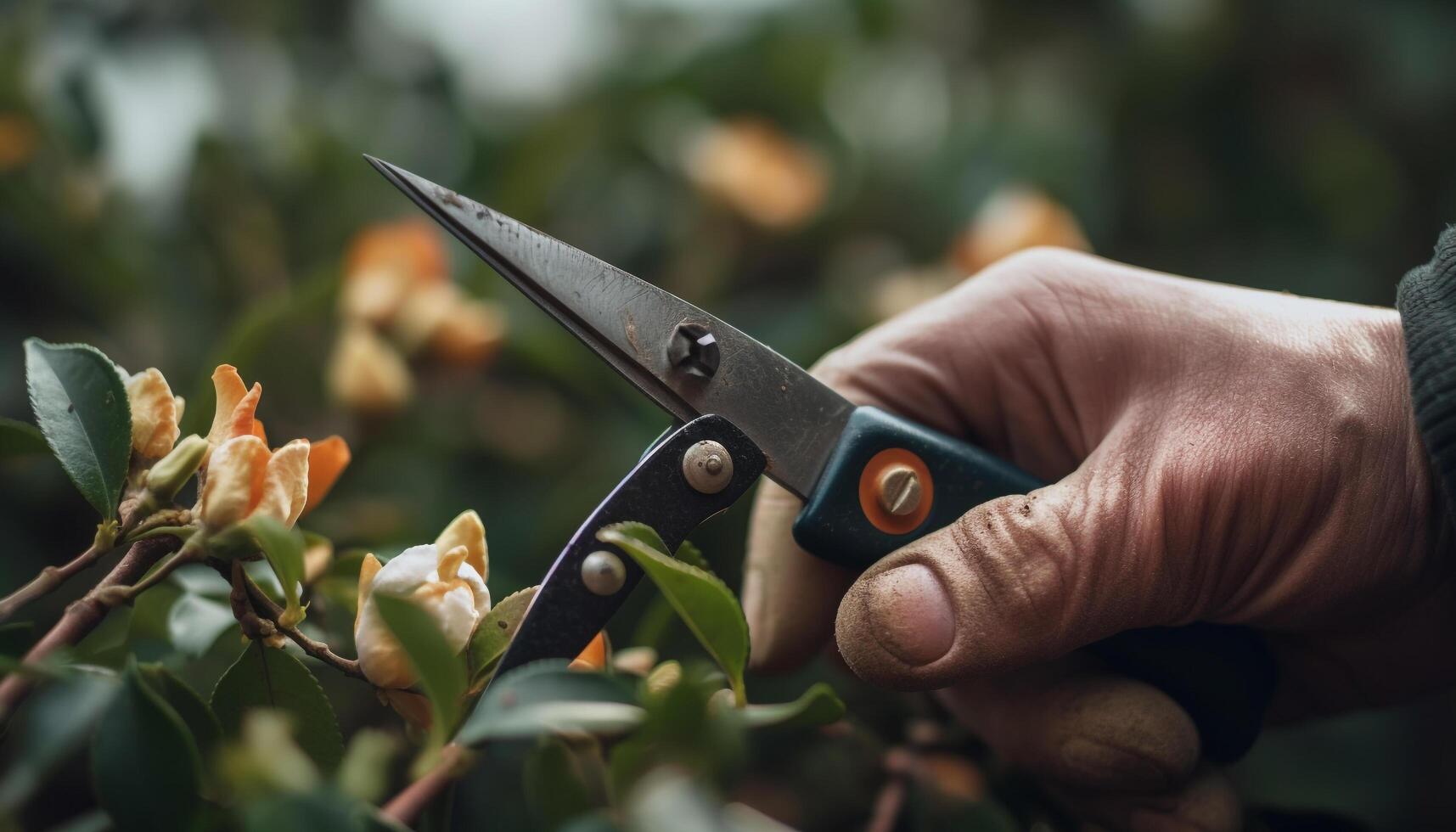 Man hand cuts green plant with shears generated by AI photo