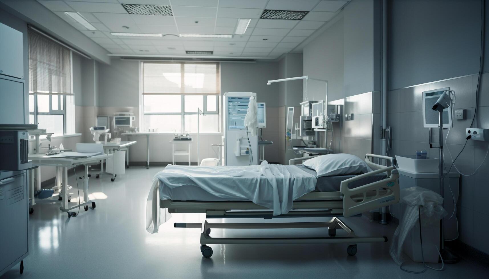 Modern hospital room with empty bed and chair generated by AI photo