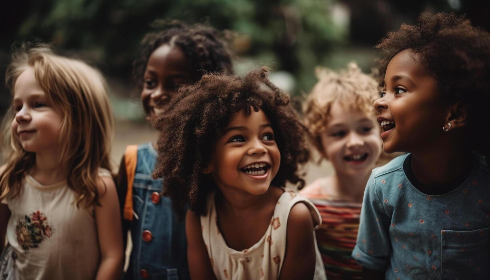 Joyful children of different ethnicities playing together happily generated by AI photo