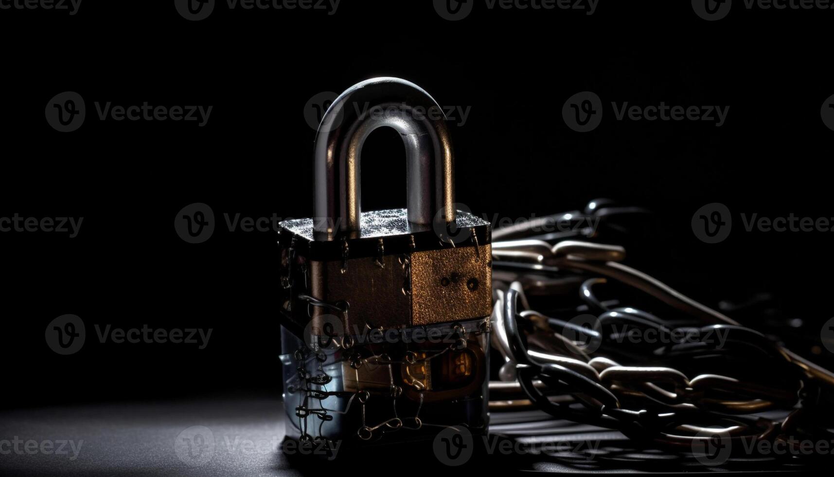 Metallic chain locked with rusty padlock symbolizes security generated by AI photo