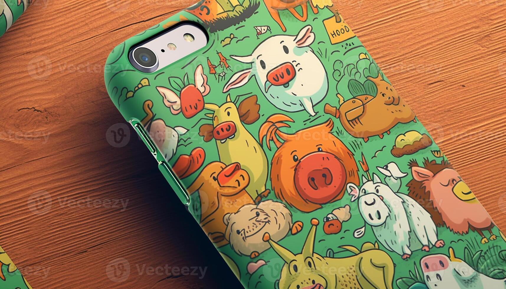 Smiling cartoon pig plays with colorful phone generated by AI photo