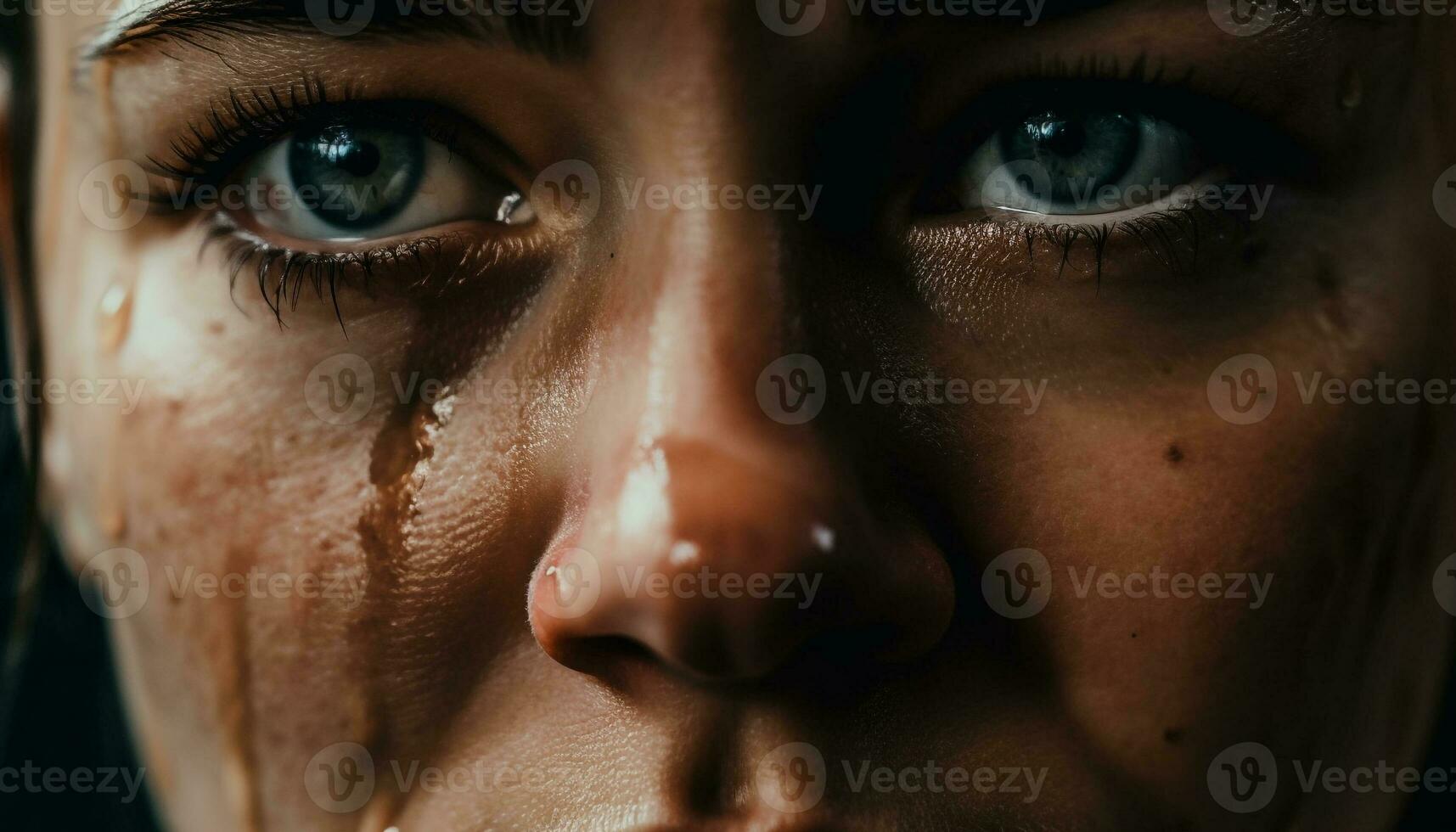 Young adult woman serene eyes in rain generated by AI photo