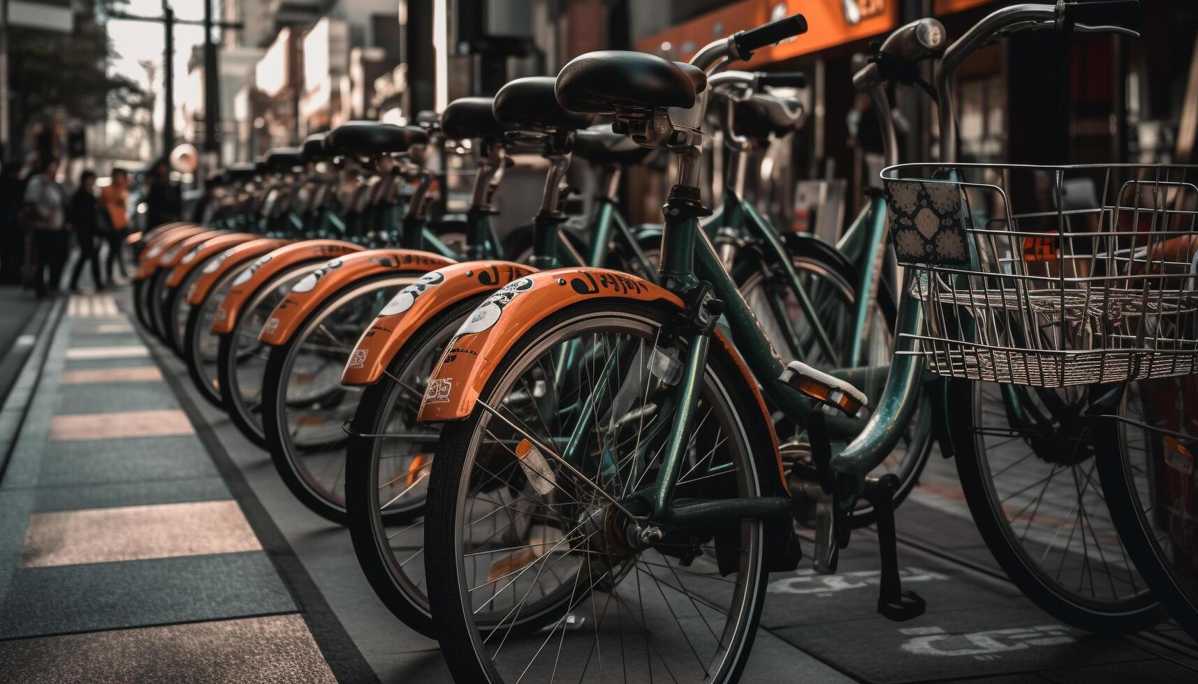 Abundant bicycles parked at modern city station generated by AI photo