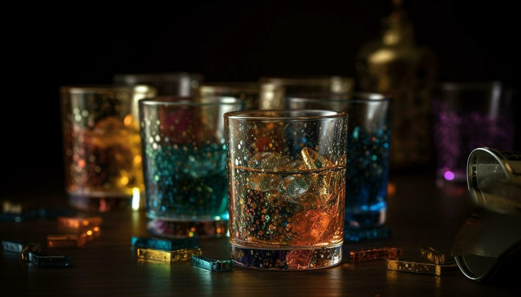 Whiskey on the rocks, a blue reflection generated by AI photo