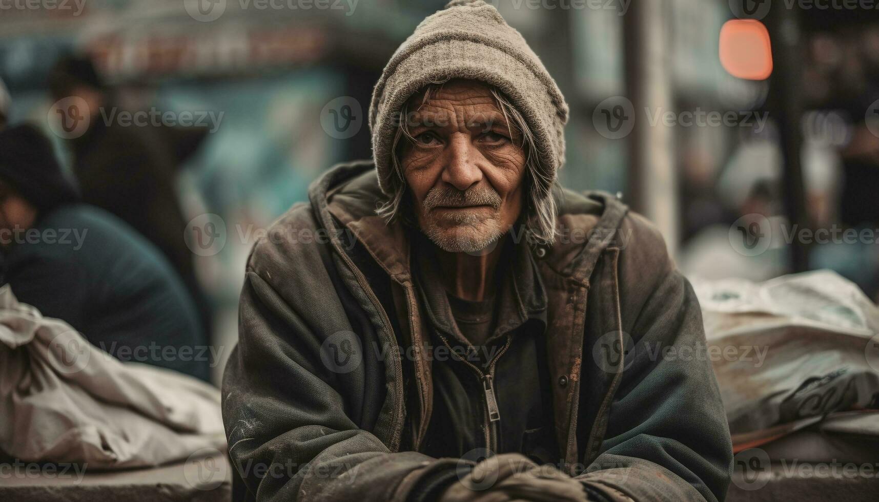 Homeless senior man looks sad in winter solitude generated by AI photo