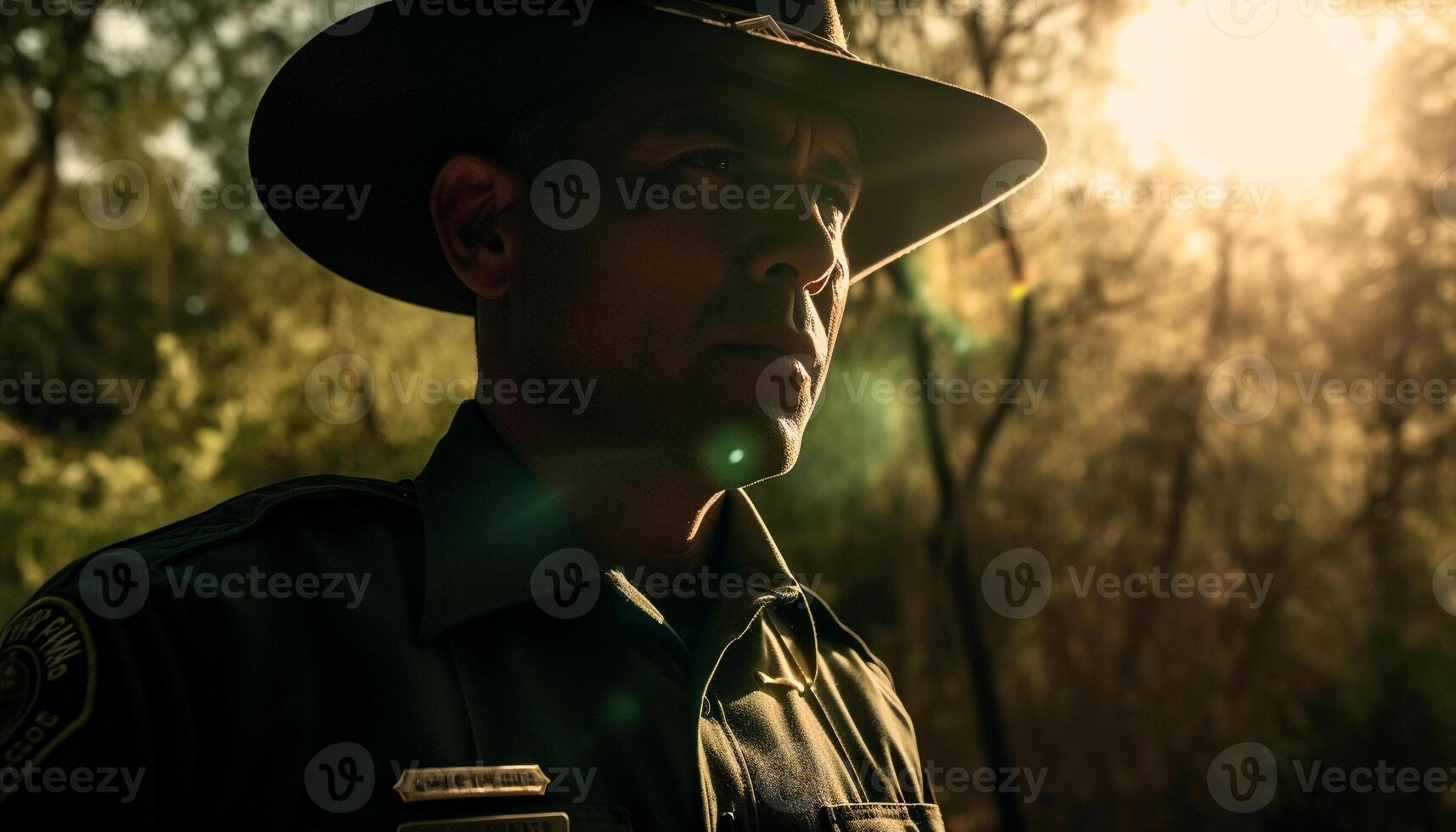 One man, backlit by sun, looks into forest generated by AI photo