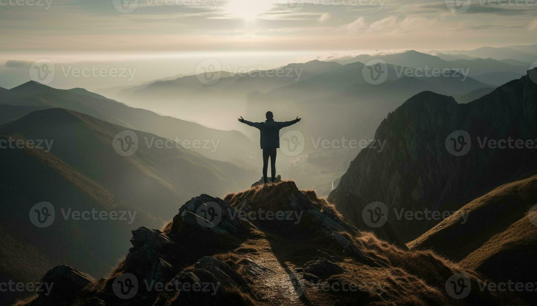 Silhouette standing victorious, on top of peak generated by AI photo