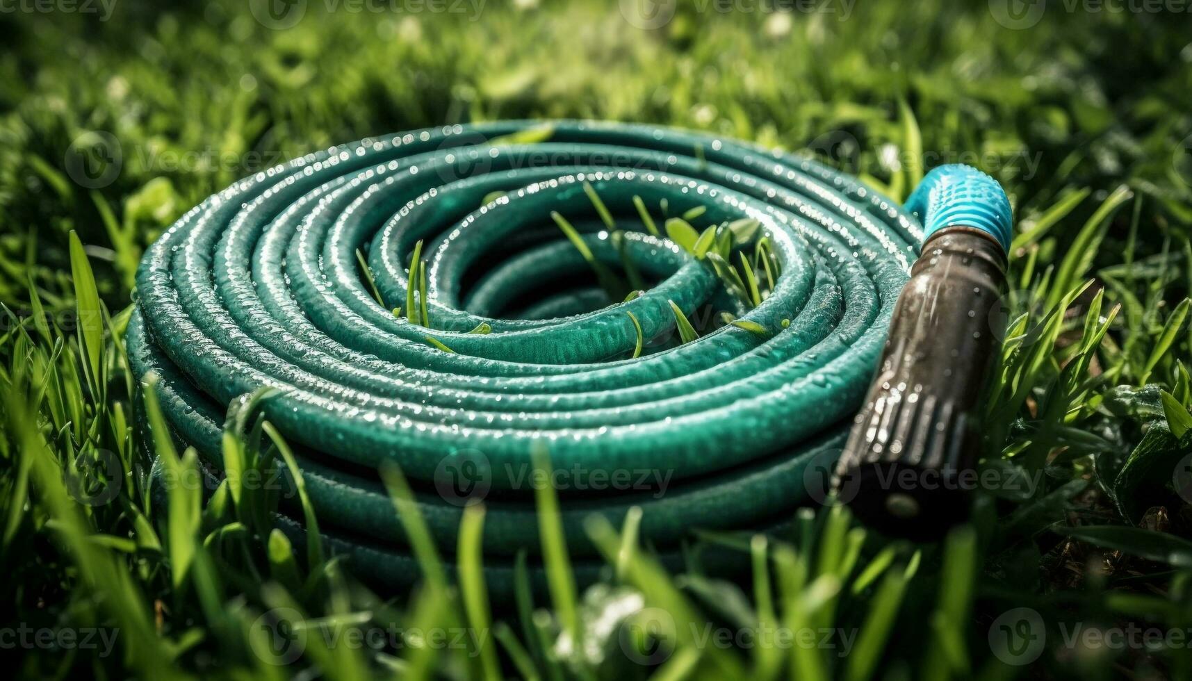 Rolled up garden hose on fresh green grass generated by AI photo