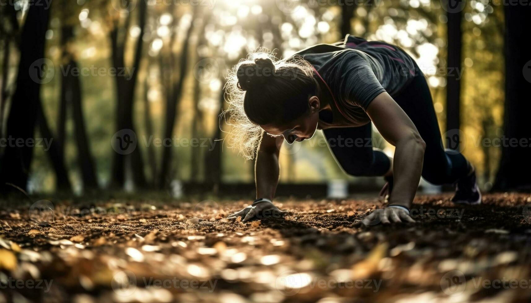 Nature lover stretching and jogging for wellbeing generated by AI photo