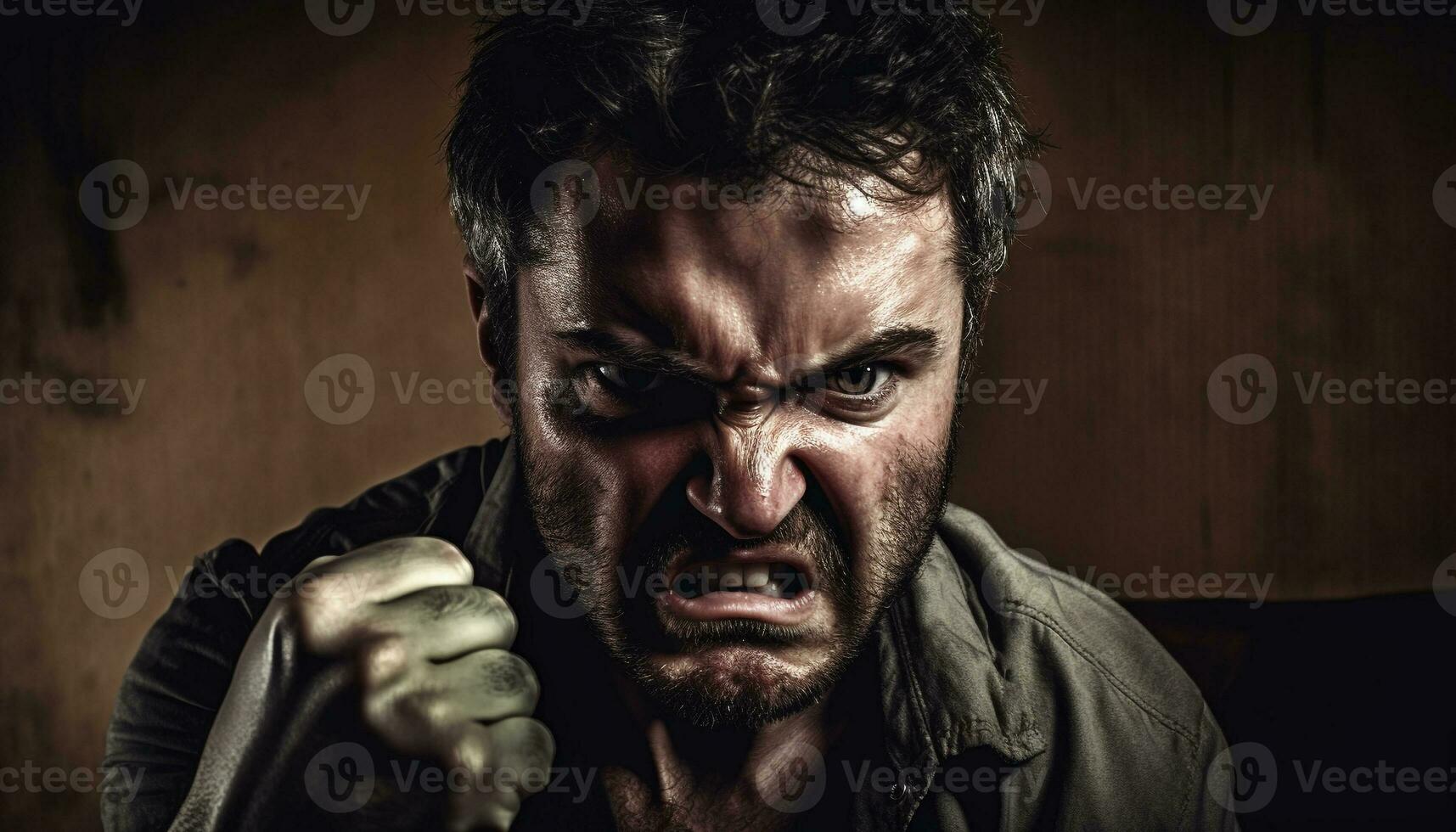 Angry Caucasian man with dark beard screaming generated by AI photo