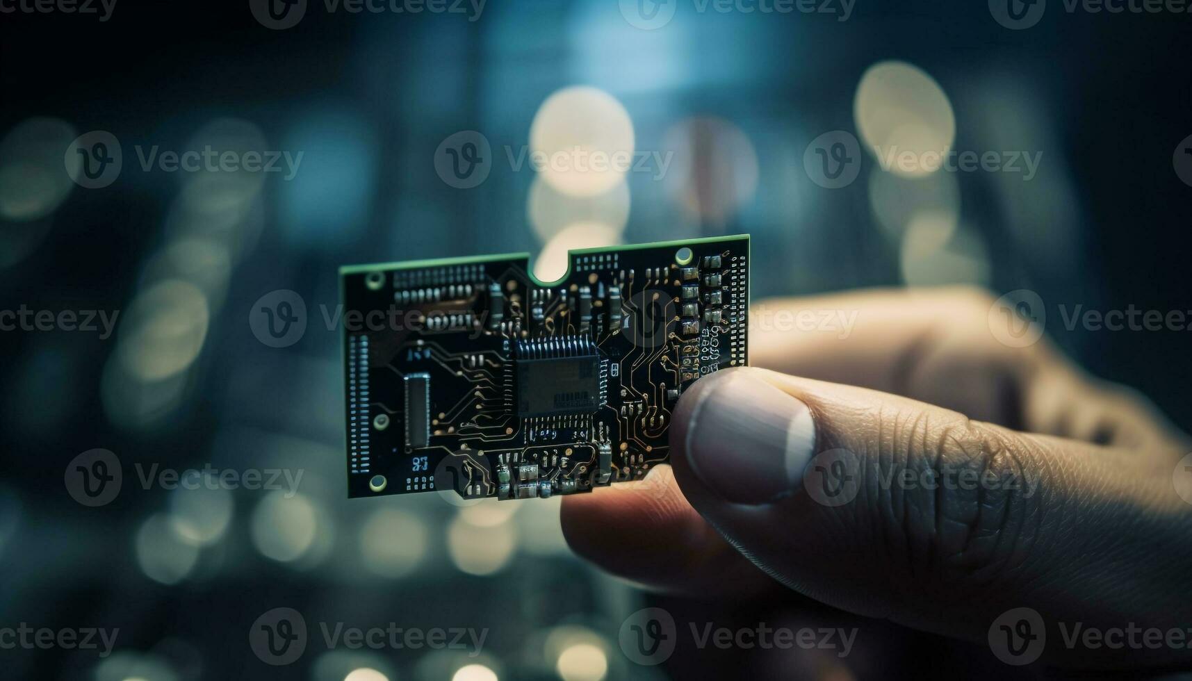 Futuristic human holding complex computer chip capacitor generated by AI photo