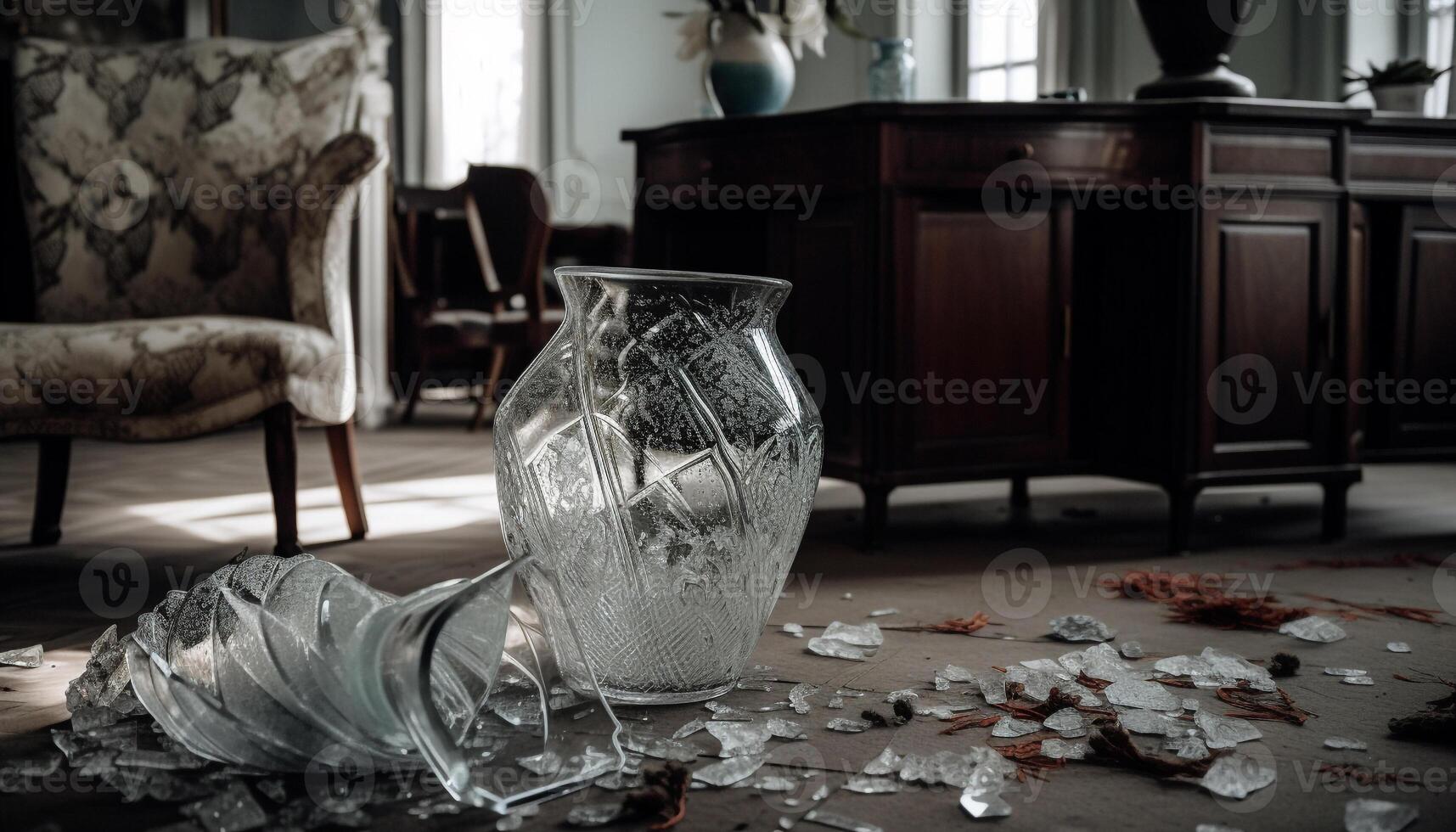 Elegant vase of liquid on old table generated by AI photo