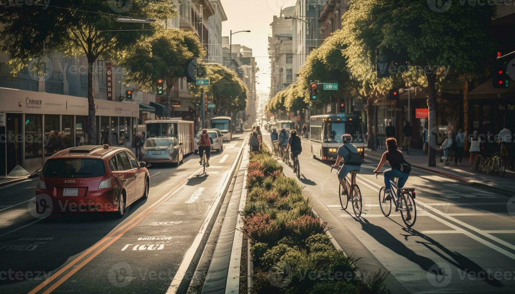 Cars rush through crowded city street at dusk generated by AI photo