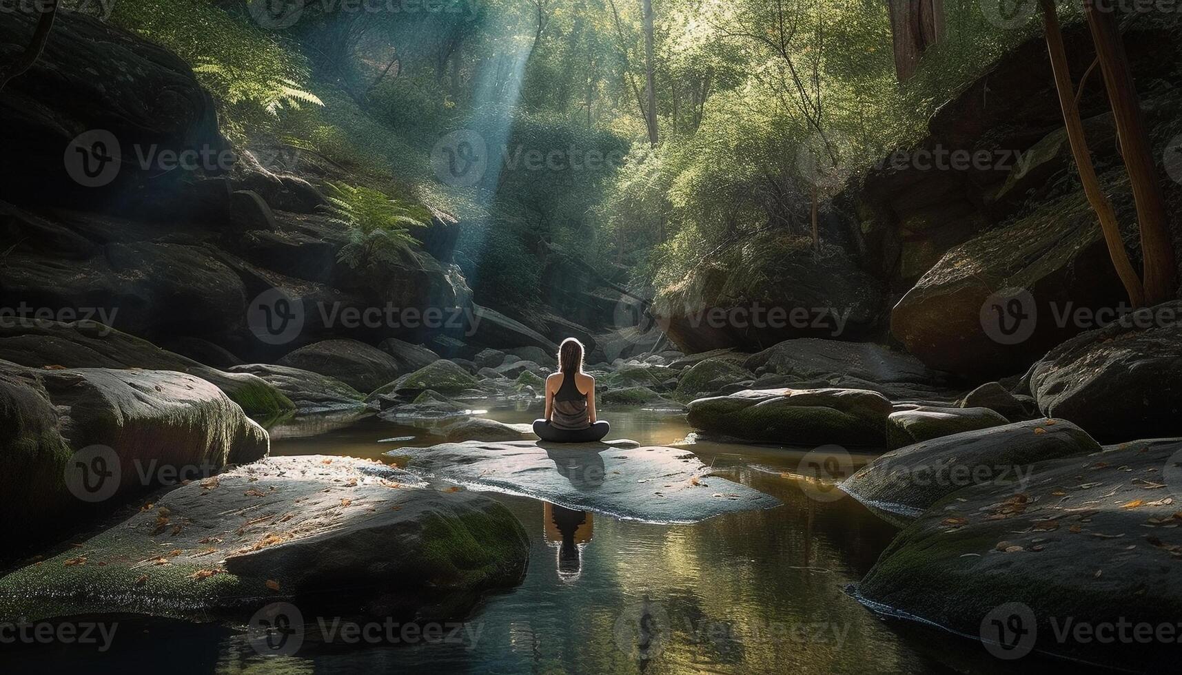 Young adults hiking in serene autumn forest generated by AI photo