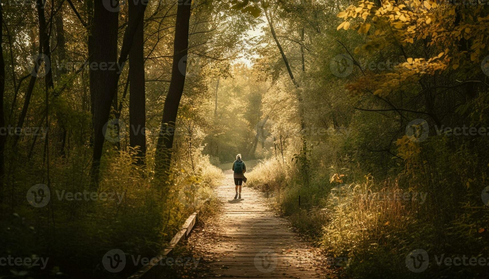 Solitude on the hiking path in autumn fog generated by AI photo