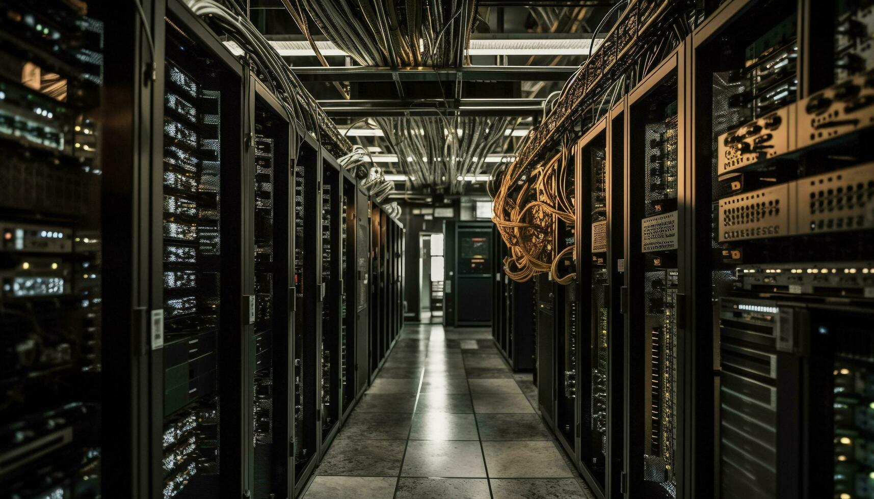 Computer equipment in storage room, network secured generated by AI photo