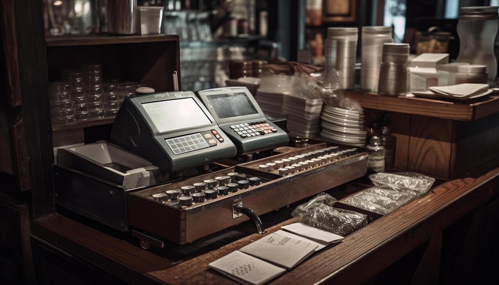 Antique cash register on wooden shelf in coffee shop generated by AI photo