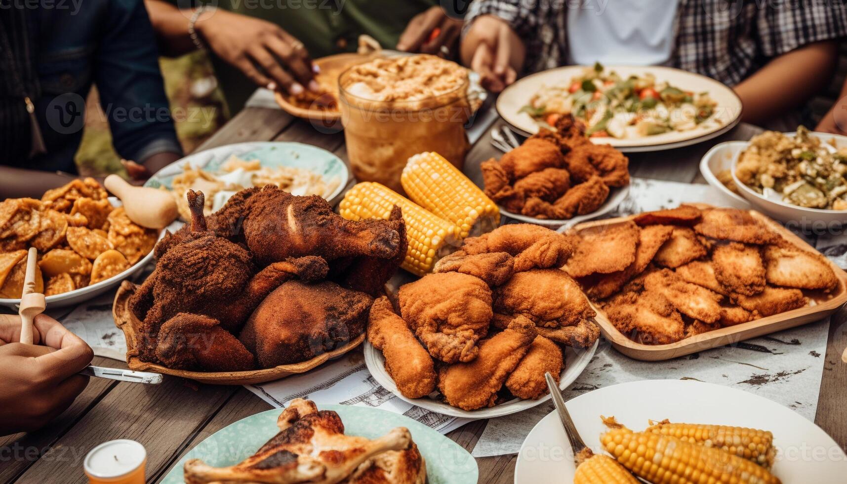 A la parrilla carne y papas fritas para al aire libre celebracion generado por ai foto