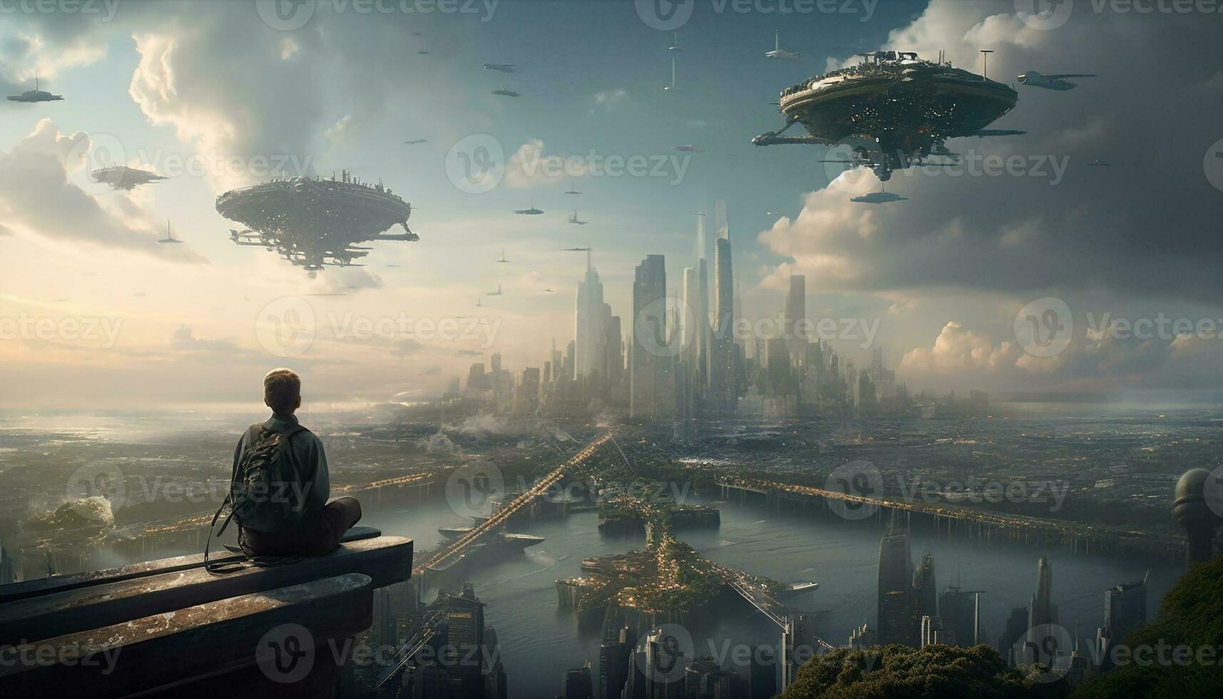 Futuristic cityscape at sunset men flying spaceships generated by AI photo