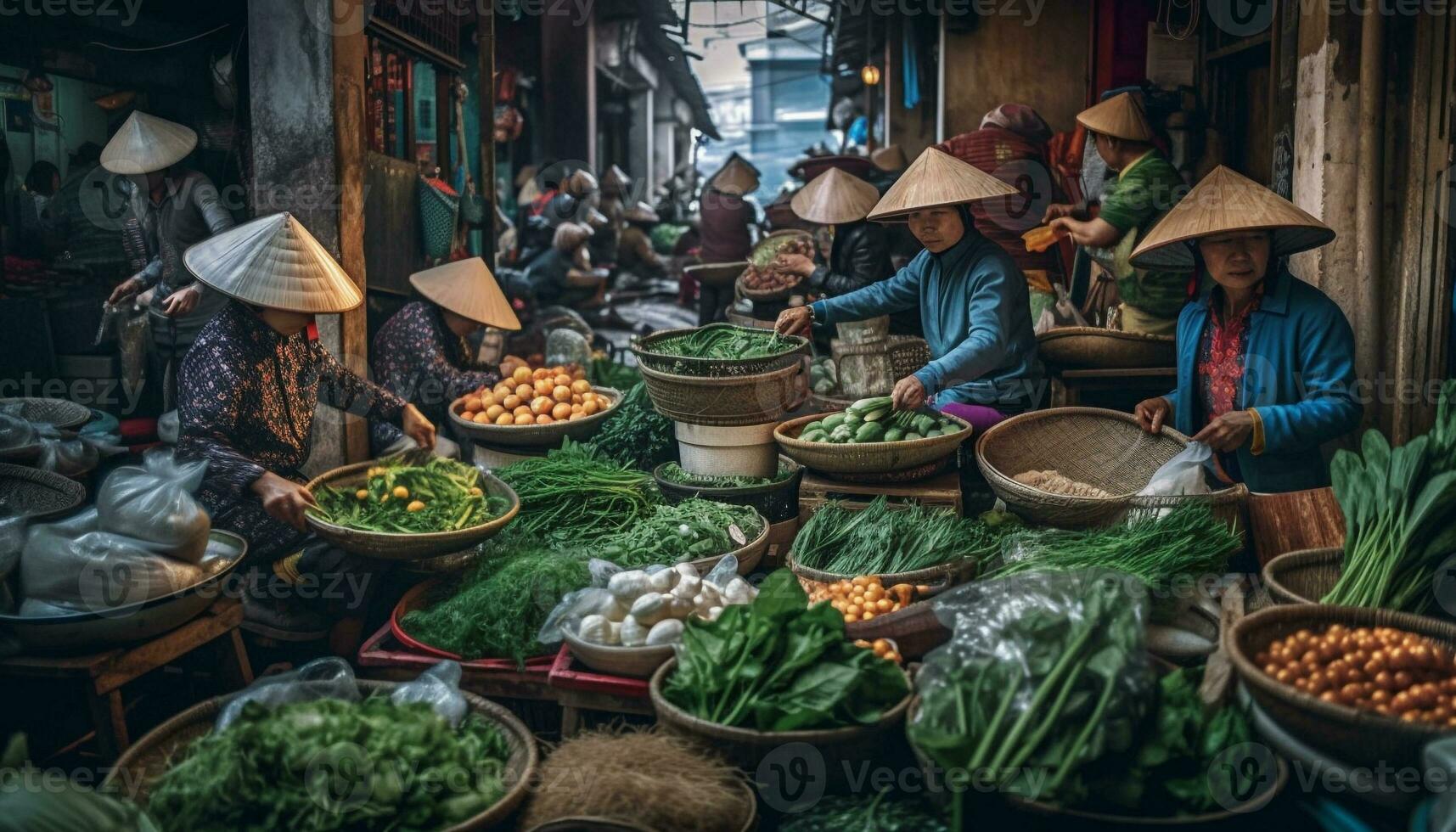 vistoso vietnamita vendedores vender Fresco Produce a mercado generado por ai foto